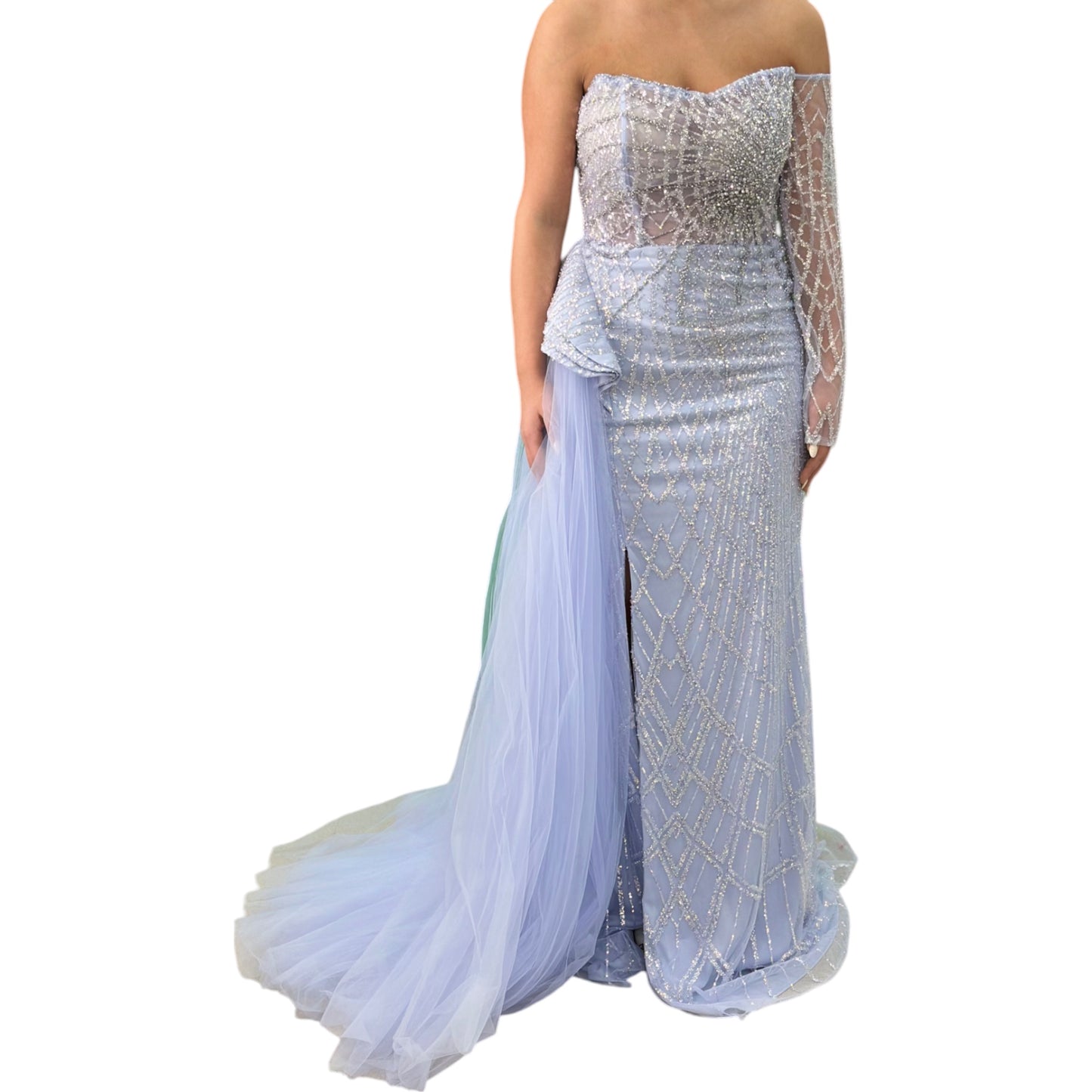 Sexy Lightest Blue Long Dress- Detailed with Beautiful Crystals