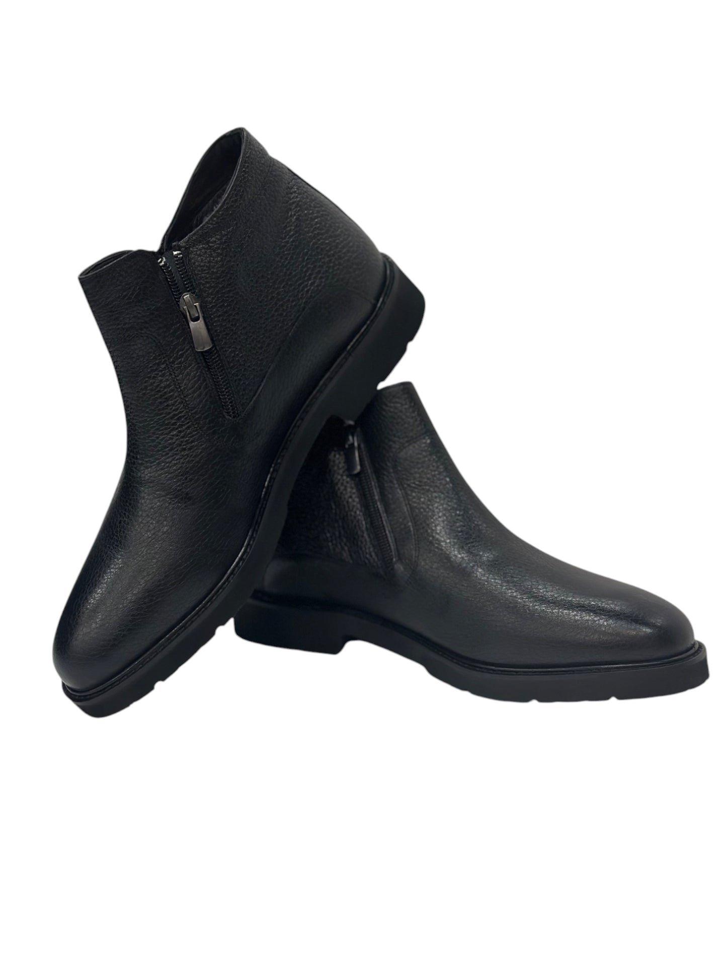 Ankle Boots -Furry Interior Luxury Highest Quality Black Leather-Detailed Zipper on Sides-240-B3125