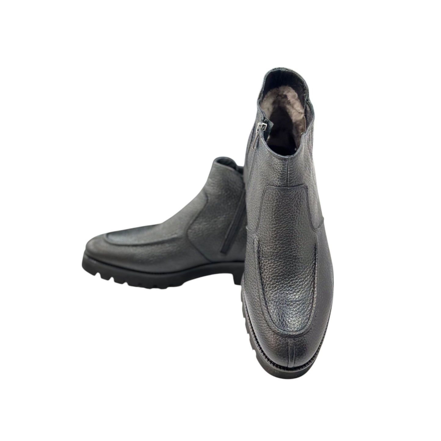 Detailed Black Ankle Boots-  with  sided Zipper-Luxury Leather- Fury Interior  and Rubber Bottom-2718