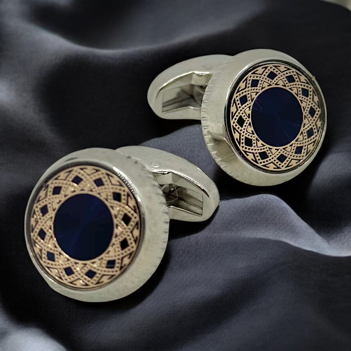 Round Silver Istanbul Fashion Cufflinks - Stainless Steel Exterior with Royal Blue and Rose Gold Detailed Interior - 8