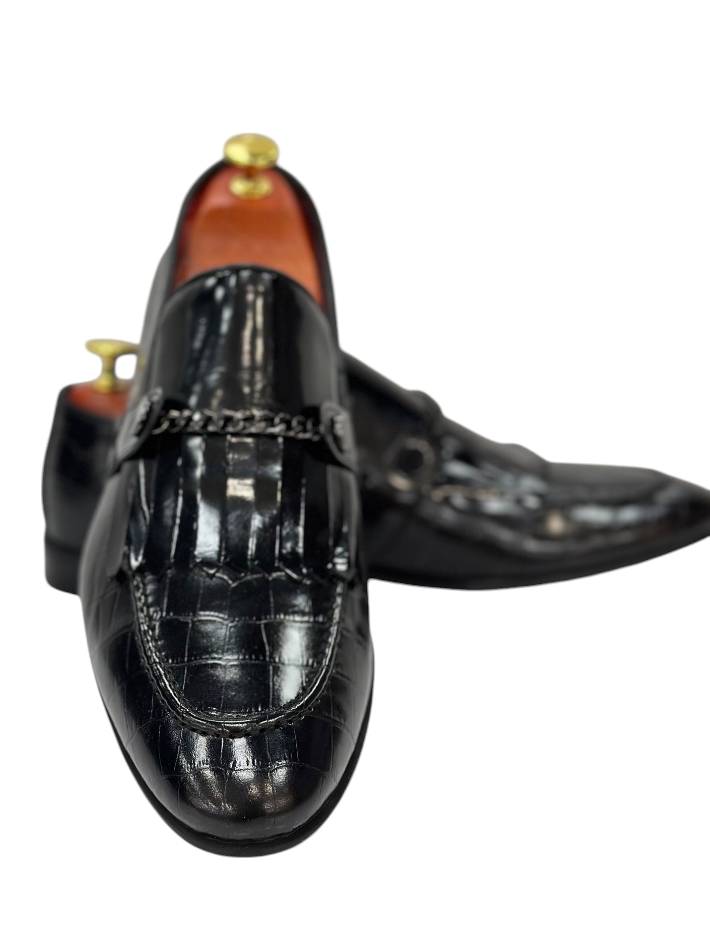 Black Istanbul Fashion by Raad Red Bottom Shoes With Shine Finish and Chrome Chain-3015