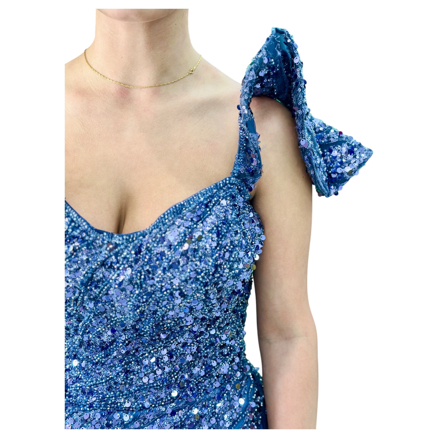 Navy Elegant Long Dress-Detailed with Beautiful Crystals and Sequins Off The Shoulder