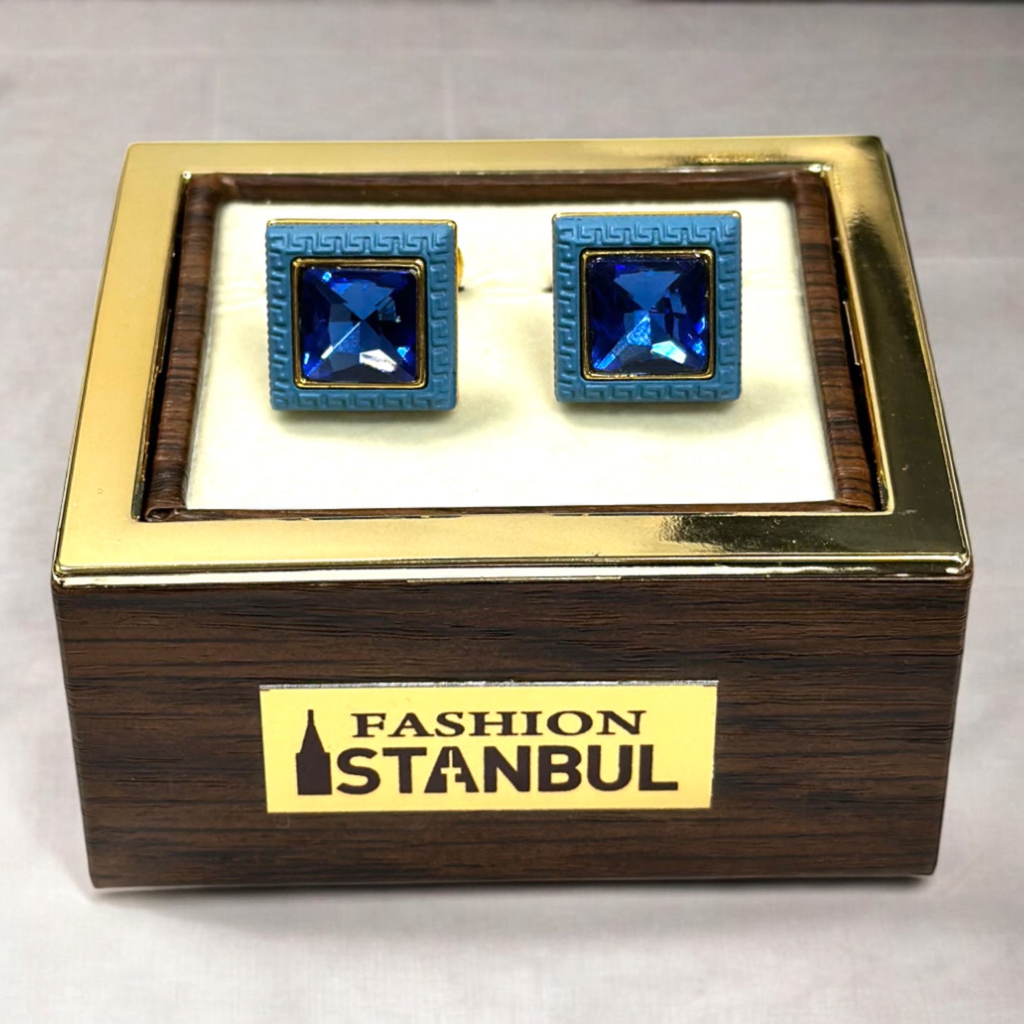 Stylish Gold Squared Detailed with Blue Diamonds - Istanbul Fashion Cufflinks - 72
