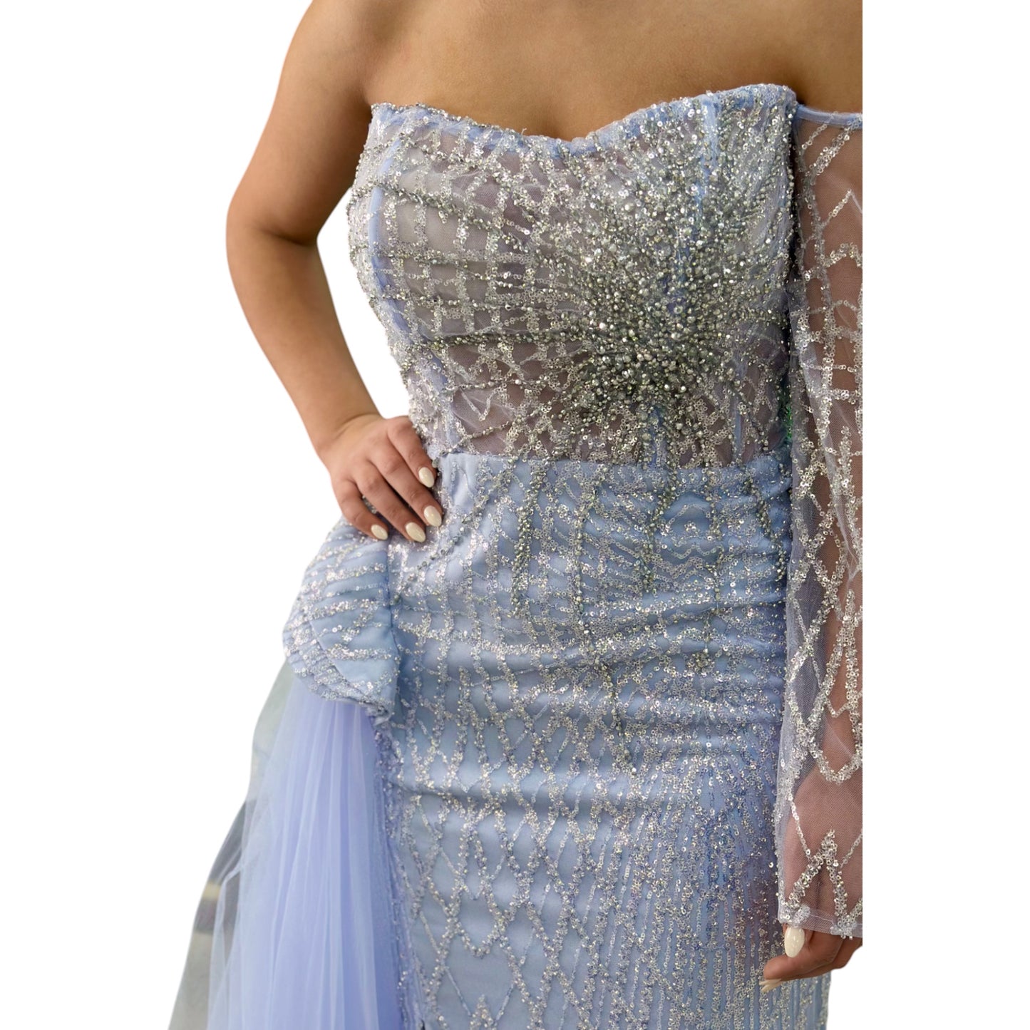 Sexy Lightest Blue Long Dress- Detailed with Beautiful Crystals