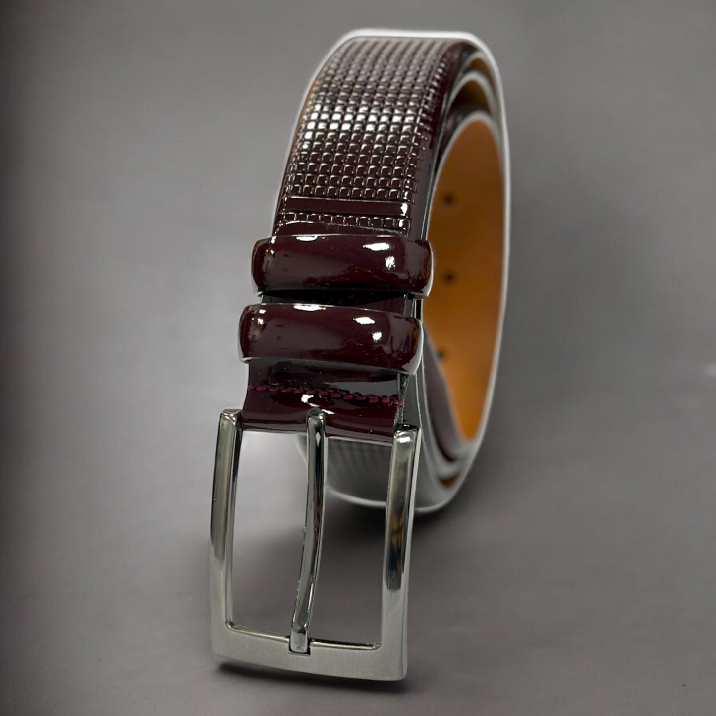 Glossy Ruby Leather Belt with Silver Buckle - 13