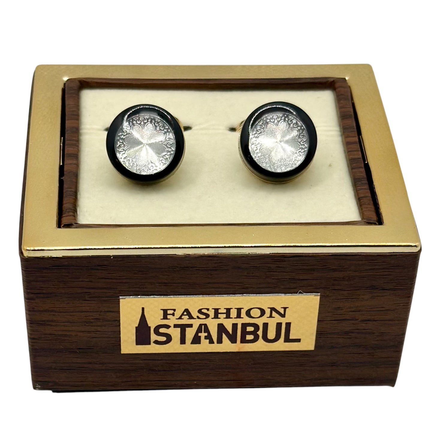 Round Istanbul Fashion Cufflinks - Black and Gold Exterior-Silver Mixture -2