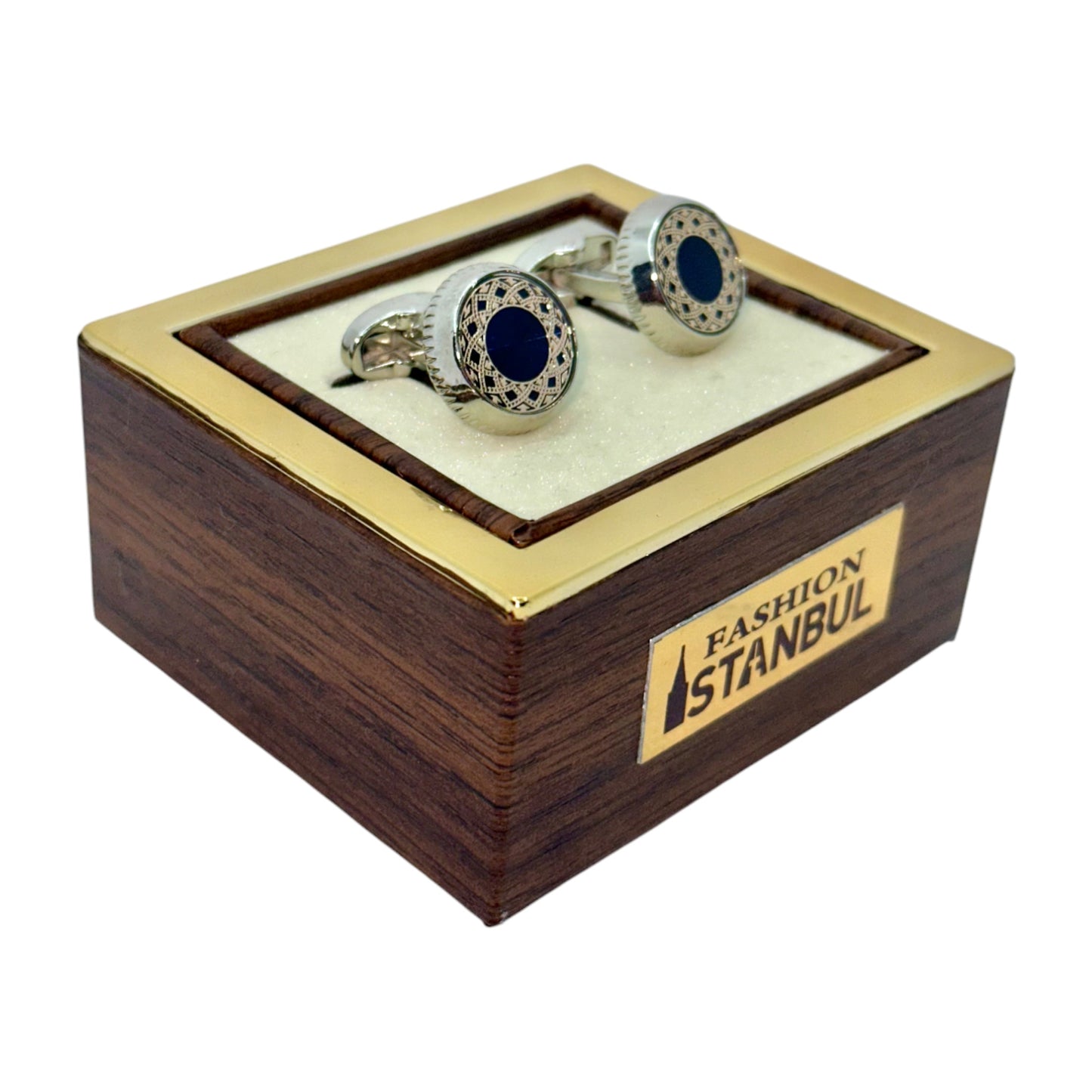 Round Silver Istanbul Fashion Cufflinks - Stainless Steel Exterior with Royal Blue and Rose Gold Detailed Interior - 8