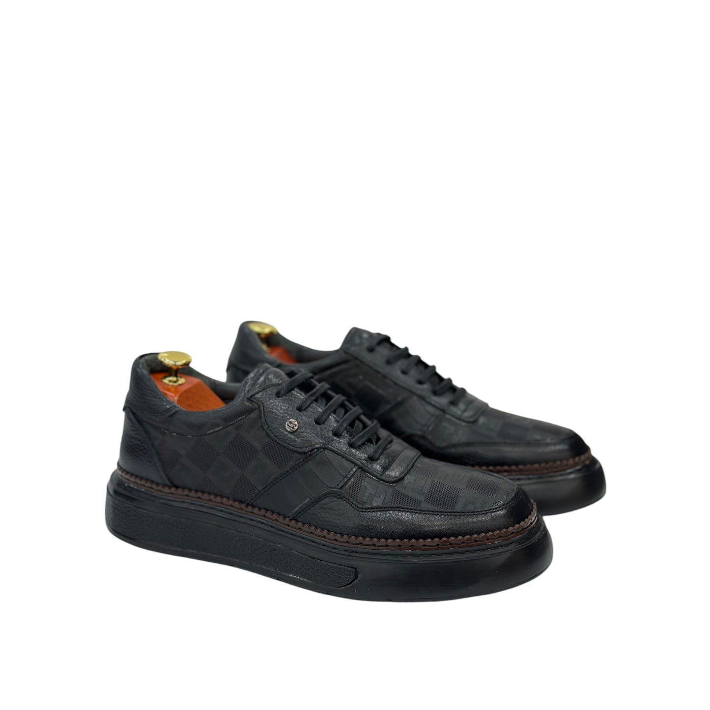 Black Sneakers - Unique  Textured Leather- with Brown Thread Details -228-SP10
