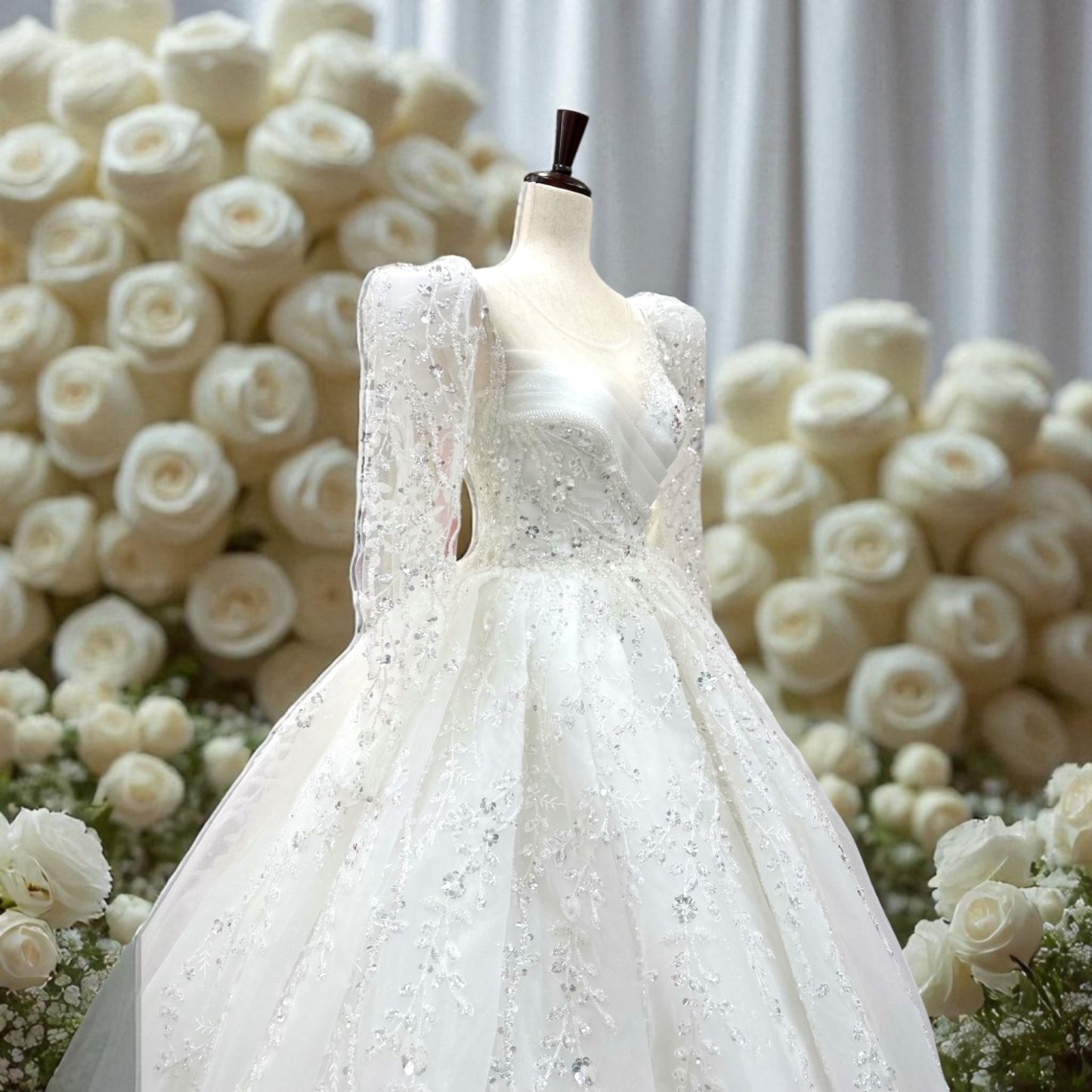 Princess  Ball Gown Style - Wedding Gown - Creamy White -Long Sleeves  Detailed with Sequins