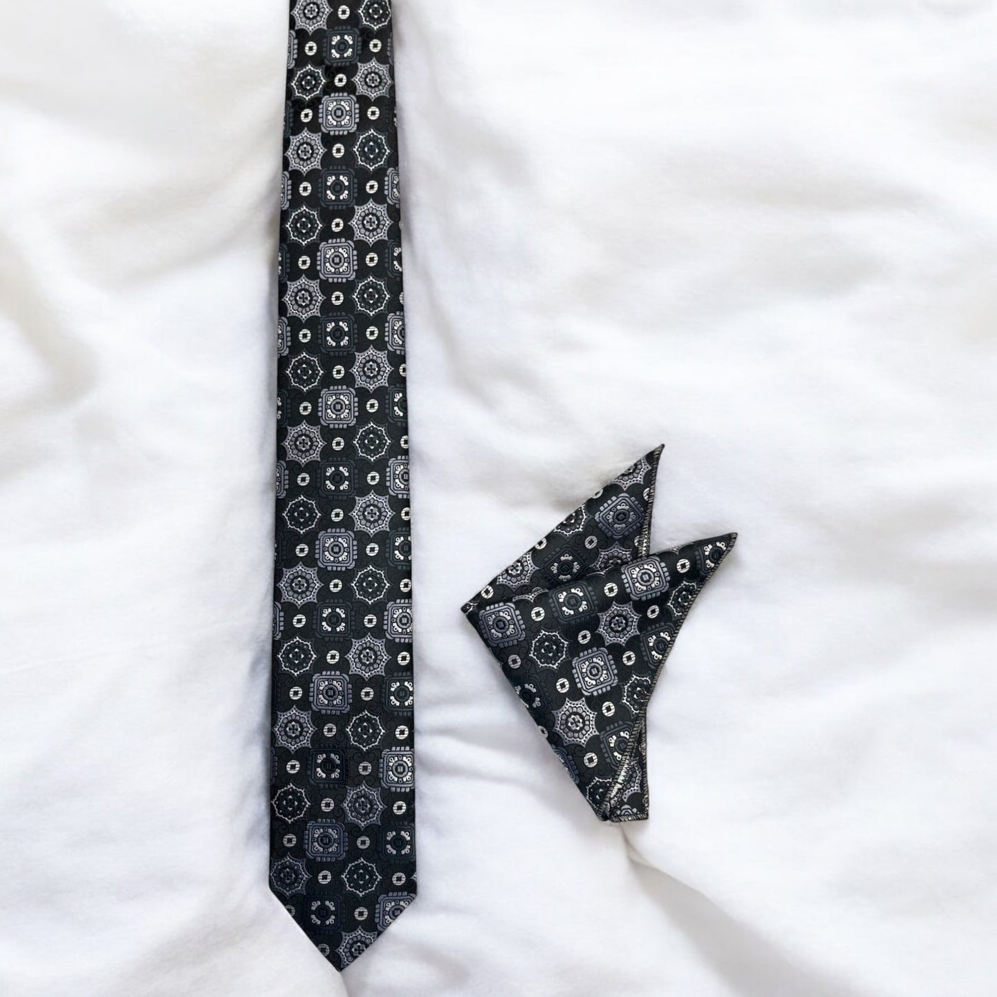 Gray, Black, and White Detailed Pattern  -Istanbul Fashion Tie - Classic Wide
