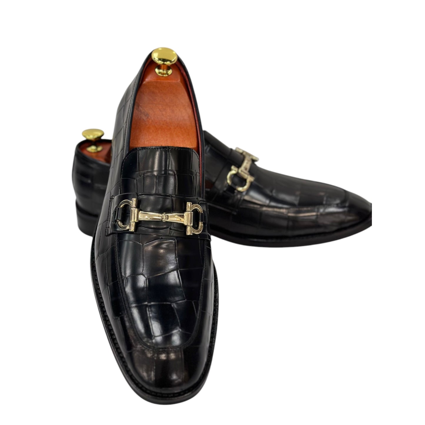 Black Istanbul Fashion by Raad Red Bottom Shoes With Unique Textured Leather with Gold Finish Buckle-1700