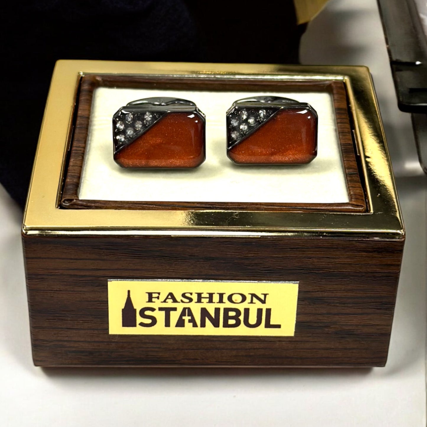Rectangular Chrome with Rustic Orange Jewell  - Istanbul Fashion Cufflinks - 77