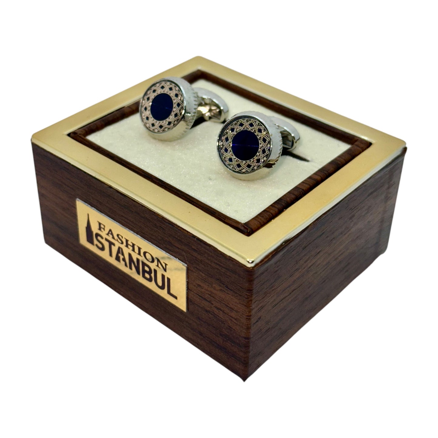 Round Silver Istanbul Fashion Cufflinks - Stainless Steel Exterior with Royal Blue and Rose Gold Detailed Interior - 8