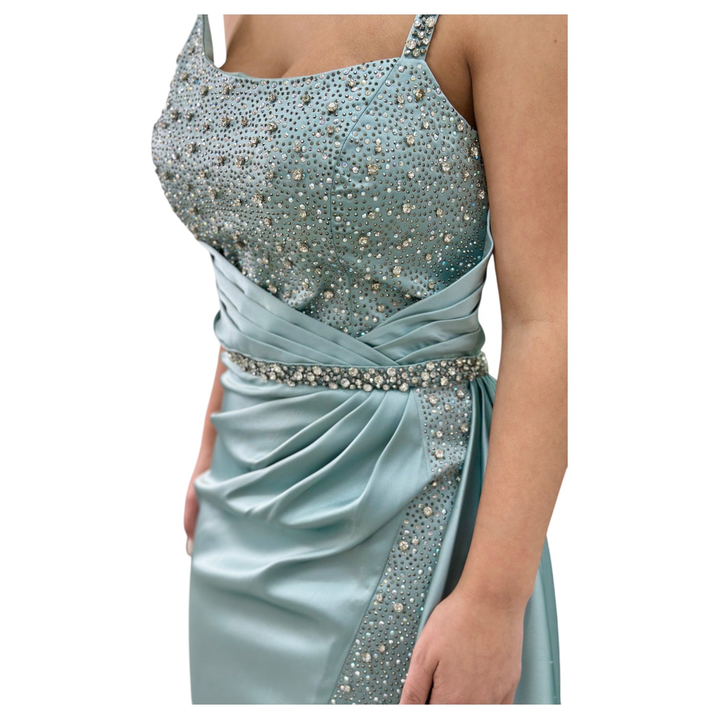 Satin Mint Green Elegant Long Dress- Detailed with Beautiful Crystals and Sequins