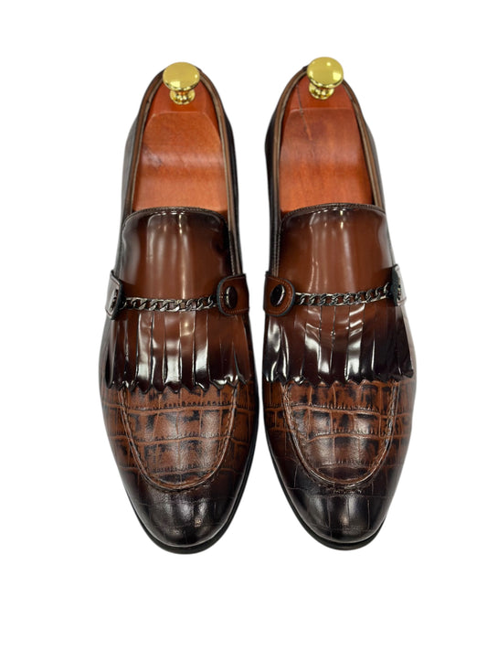 Brown Istanbul Fashion by Raad Red Bottom Leather Shoes With Silver Finish Chain-3015