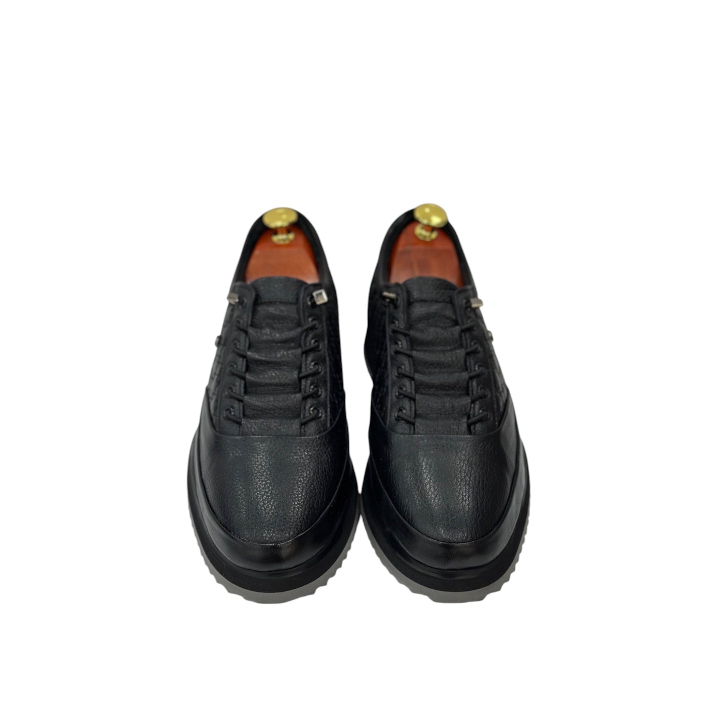 Black with Gray Foam Bottom- Sneakers_Shiny Finish-Black Lace-Luxury Interior and Exterior Leather- 305 451