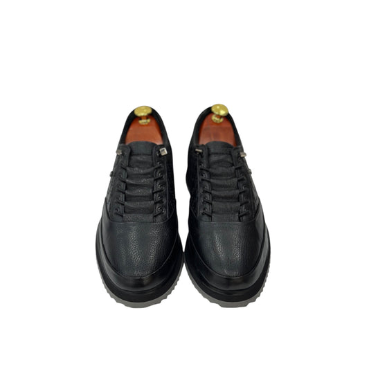 Black with Gray Foam Bottom- Sneakers_Shiny Finish-Black Lace-Luxury Interior and Exterior Leather- 305 451