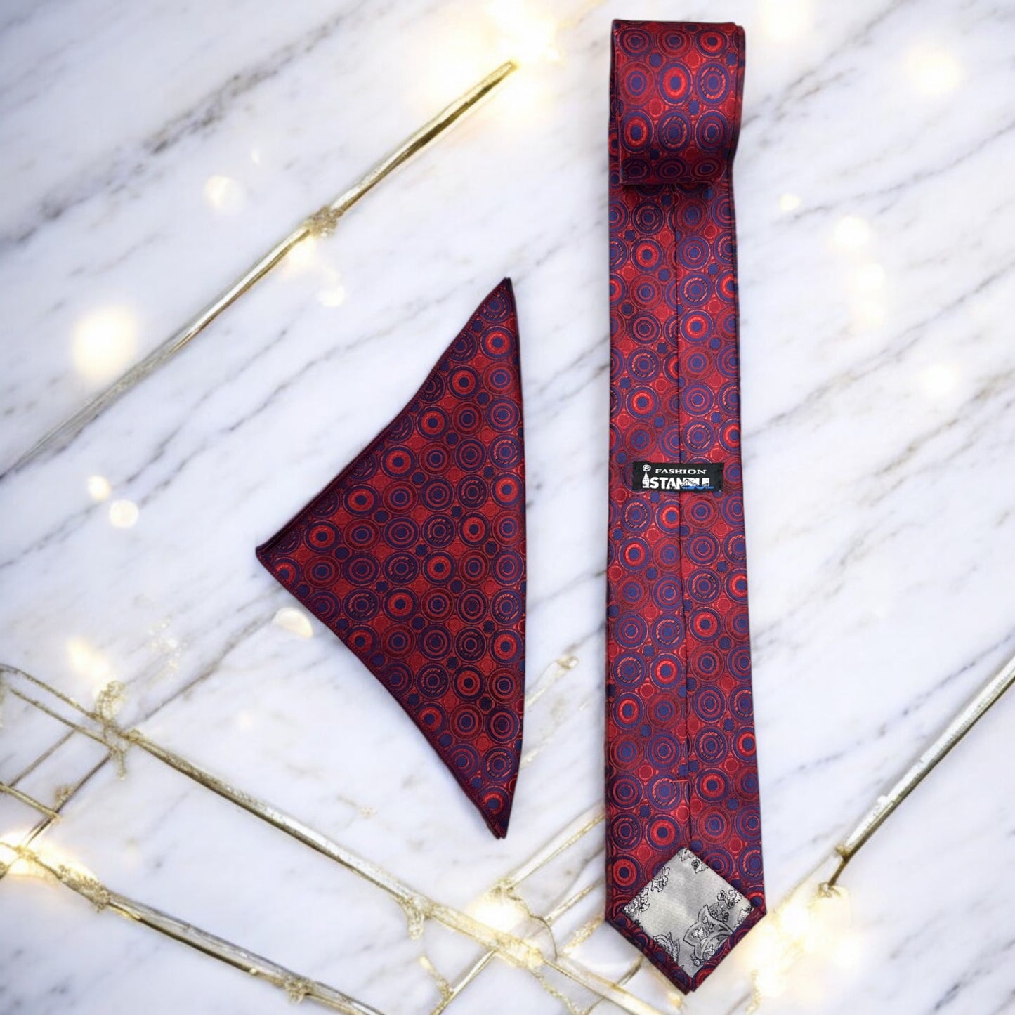 Elegantly Patterned with Red and Navy Circles - Istanbul Fashion Tie - Classic Wide