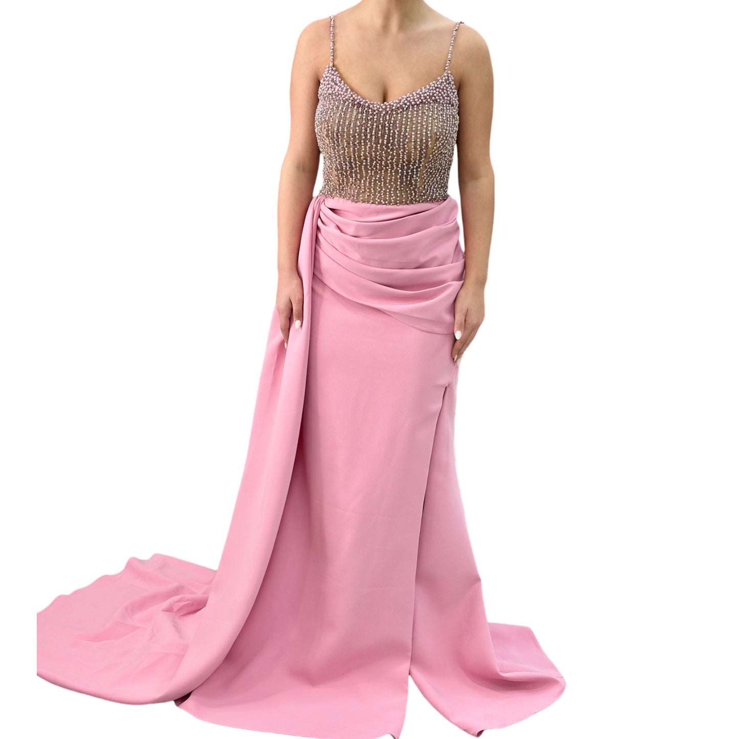 Sexy Bubble Pink Long Dress- Detailed with Beautiful Pearls