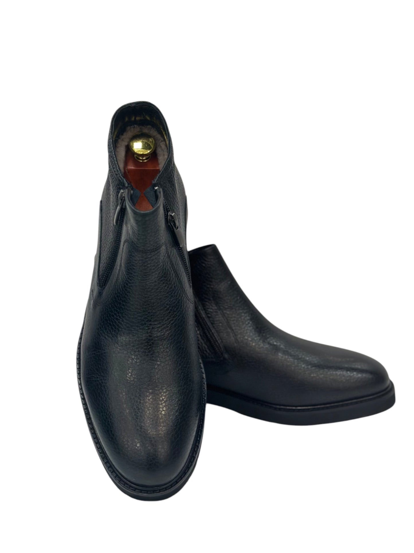 Ankle Boots -Furry Interior Luxury Highest Quality Black Leather-Detailed Zipper on Sides-240-B3125