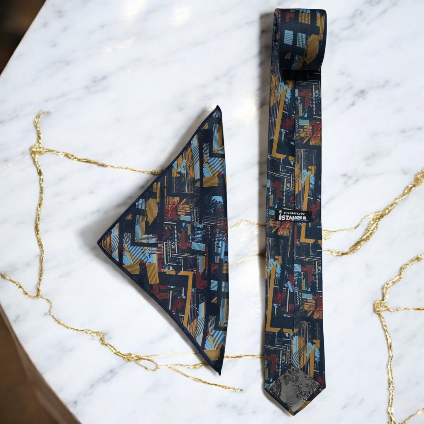 Mustard,  Blue, on Blue Base Pattern - Istanbul Fashion Tie - Classic Wide