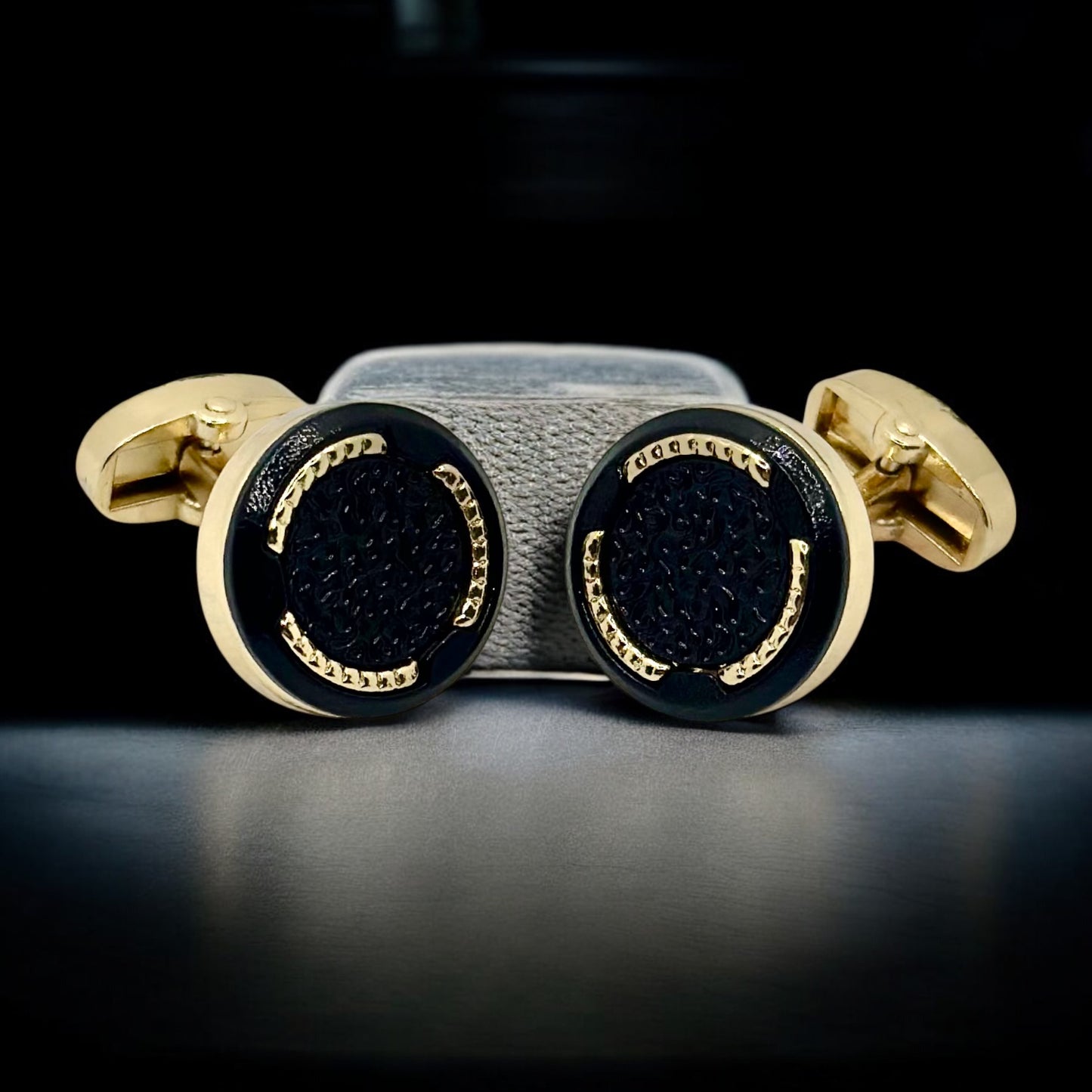 Round Istanbul Fashion Cufflinks - Gold and Dark Black Textured Interior  - 12