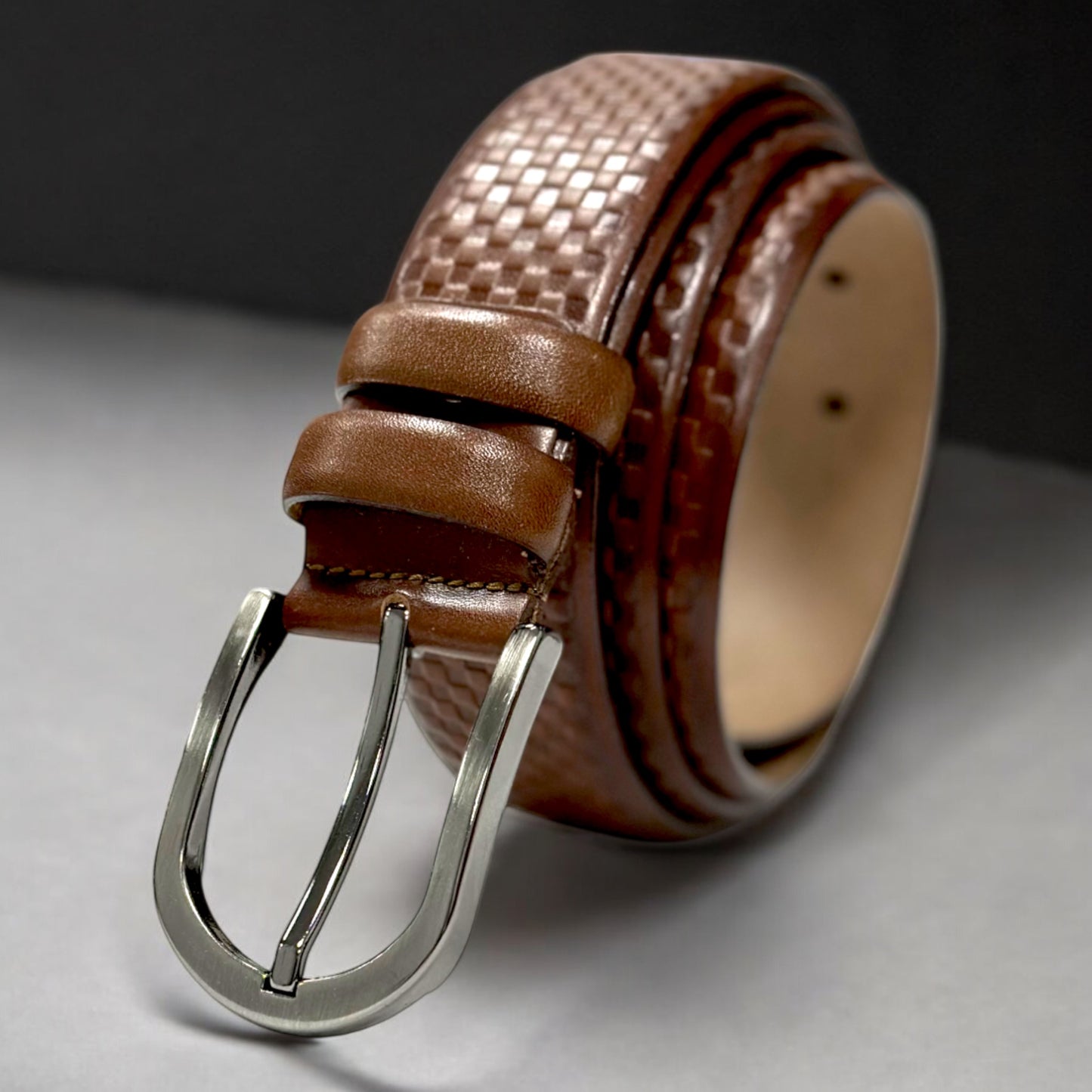 Brown Leather Belt with Silver Buckle - 14