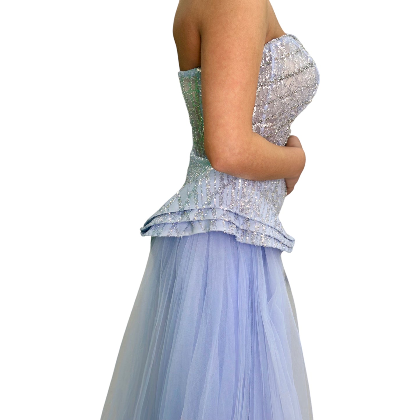 Sexy Lightest Blue Long Dress- Detailed with Beautiful Crystals
