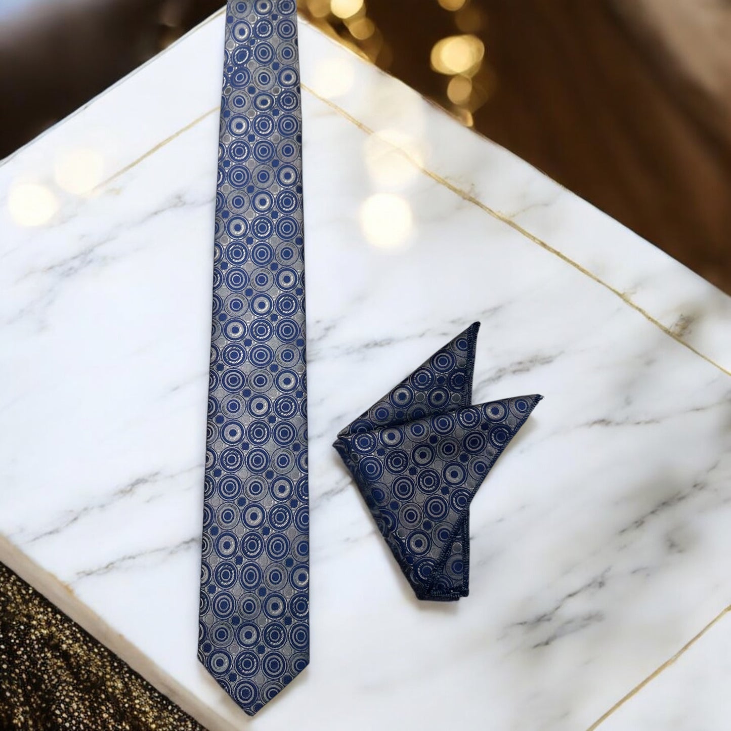Circled Detailing with Blue and Champagne  - Istanbul Fashion Tie - Classic Wide