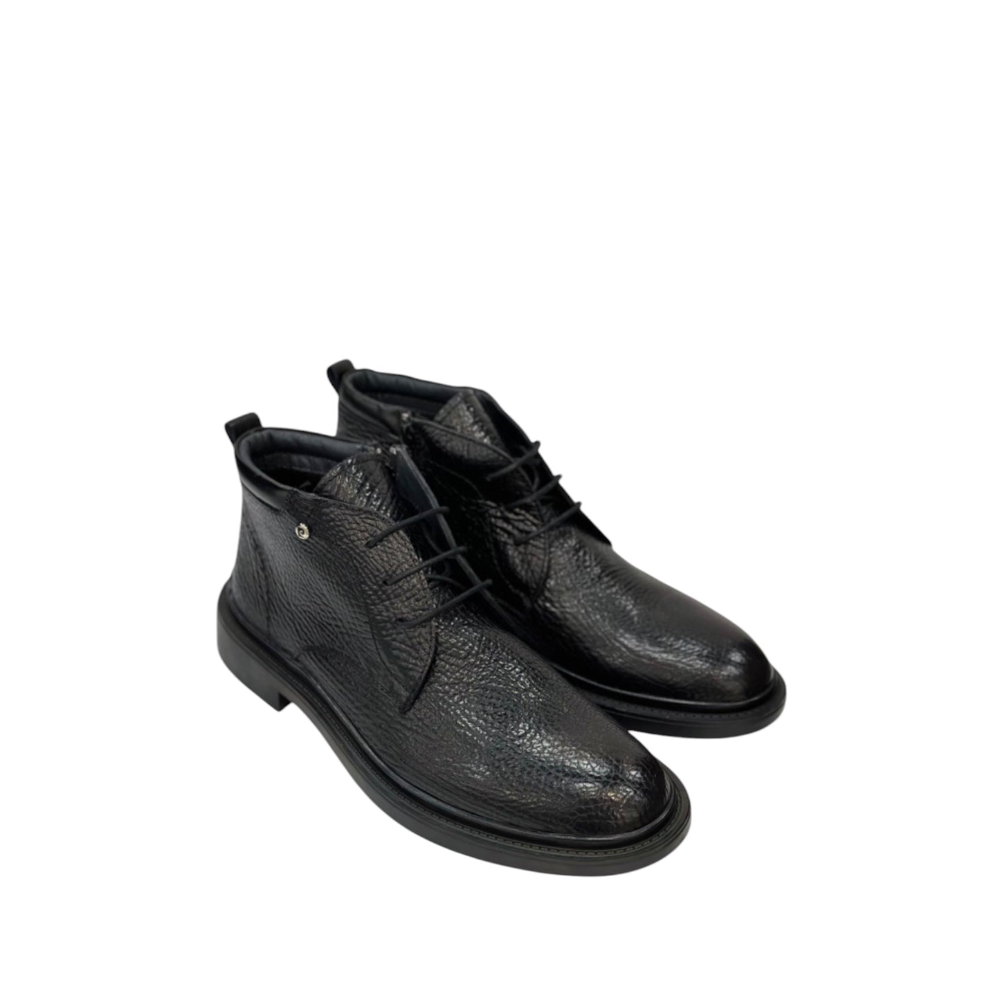 Black Ankle Boots- Lace -Side zipper-  with Unique Leather and Rubber Bottom-63476