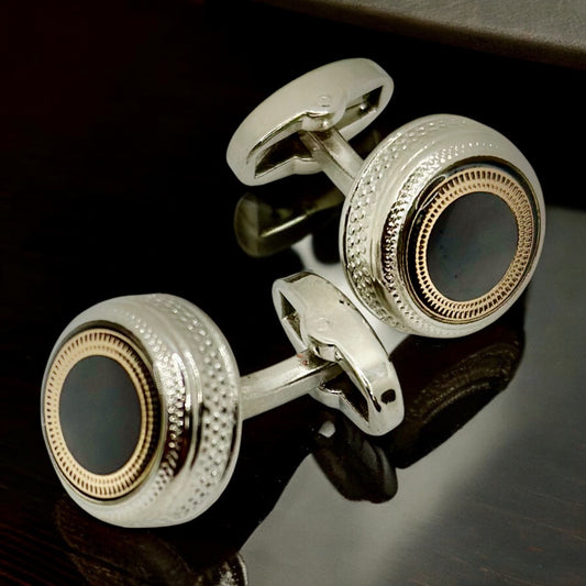 Fashionable  Round Istanbul Fashion Cufflinks  Detailed with  Silver and Black Interior- 24