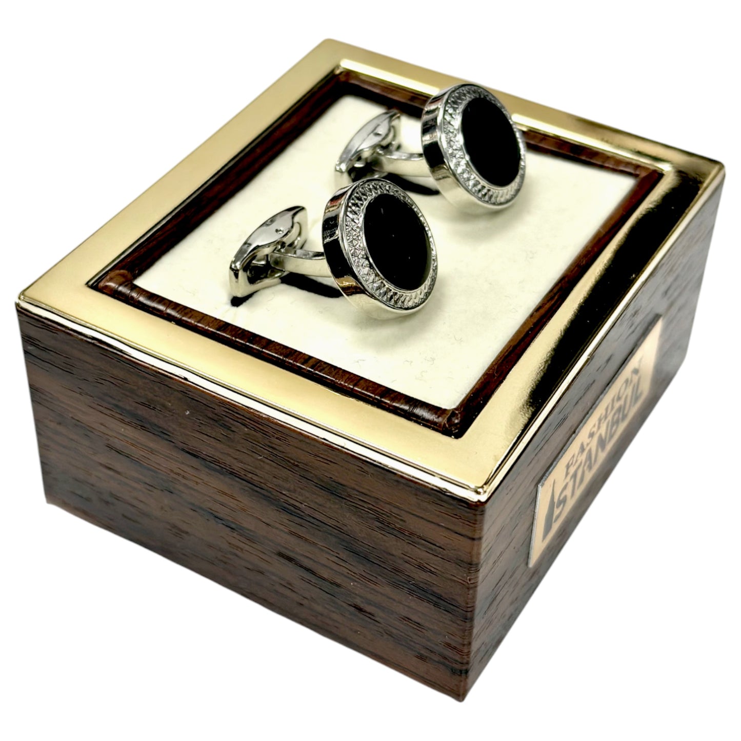 Silver  Black Round  Istanbul Fashion Cufflinks  Detailed with, Shiny Silver 34