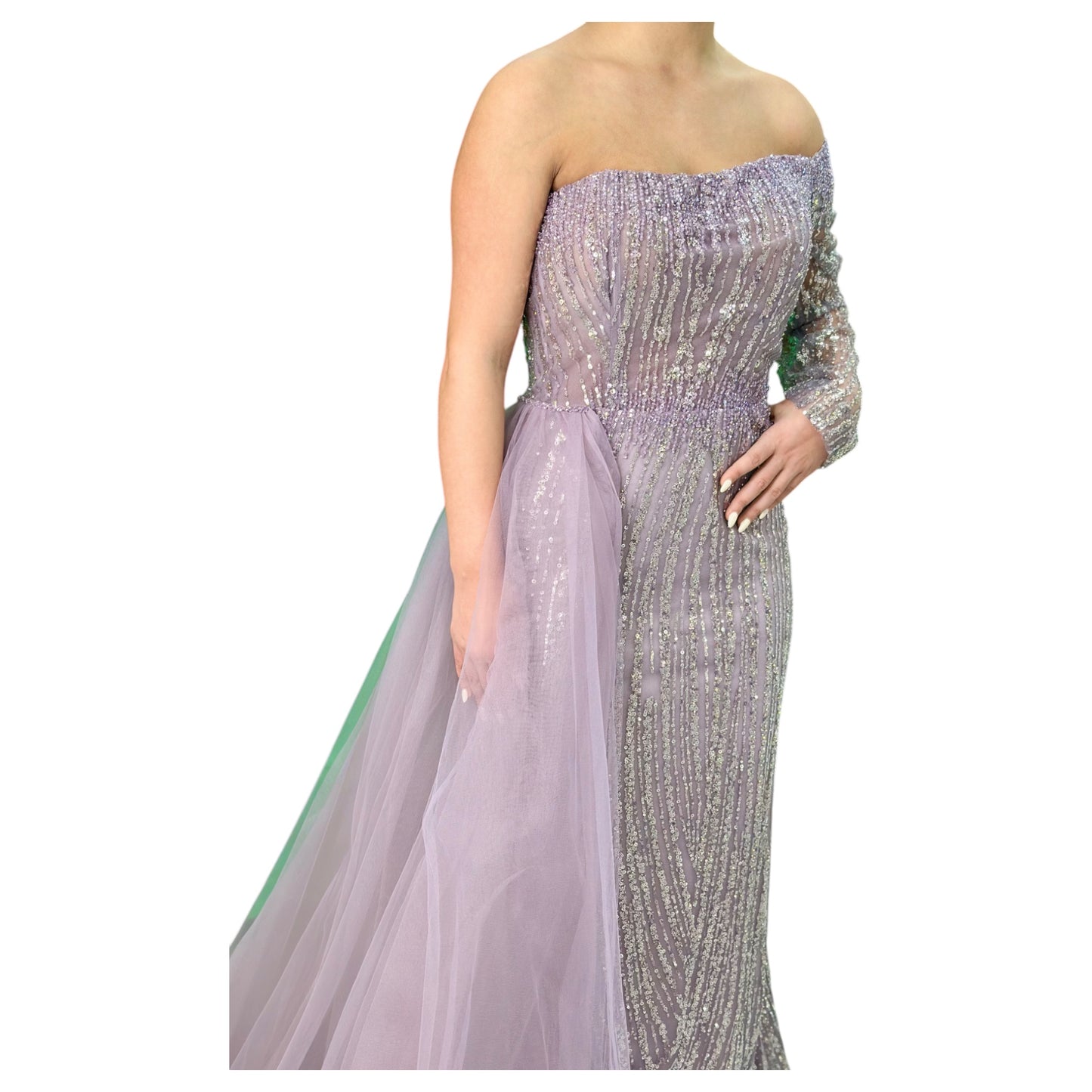 Dusty Purple  Elegant Long Dress-One Shoulder Detailed with Beautiful Crystals and Sequins