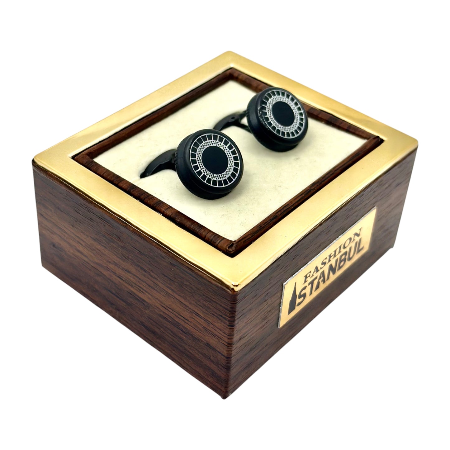 Round Istanbul Fashion Cufflinks -Black on Black and Silver Details  - 14