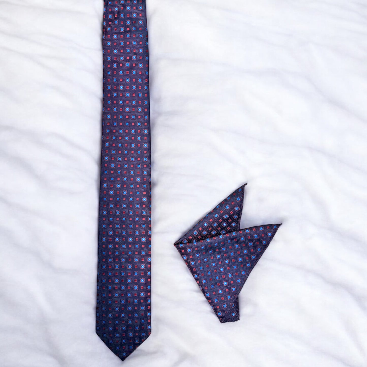 Mini Squared Patterns with Red and Navy -Istanbul Fashion Tie - Classic Wide