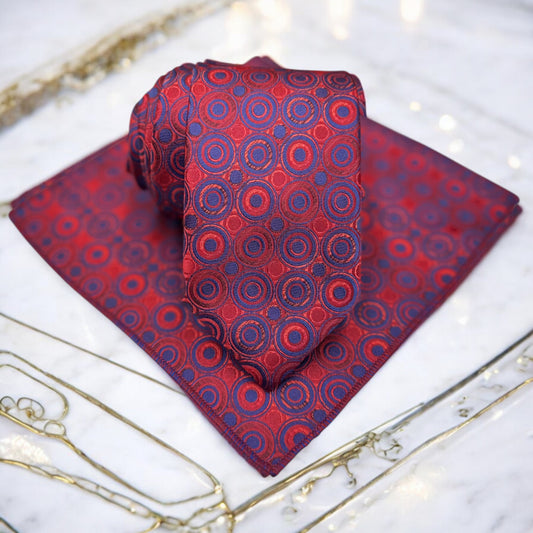 Elegantly Patterned with Red and Navy Circles - Istanbul Fashion Tie - Classic Wide