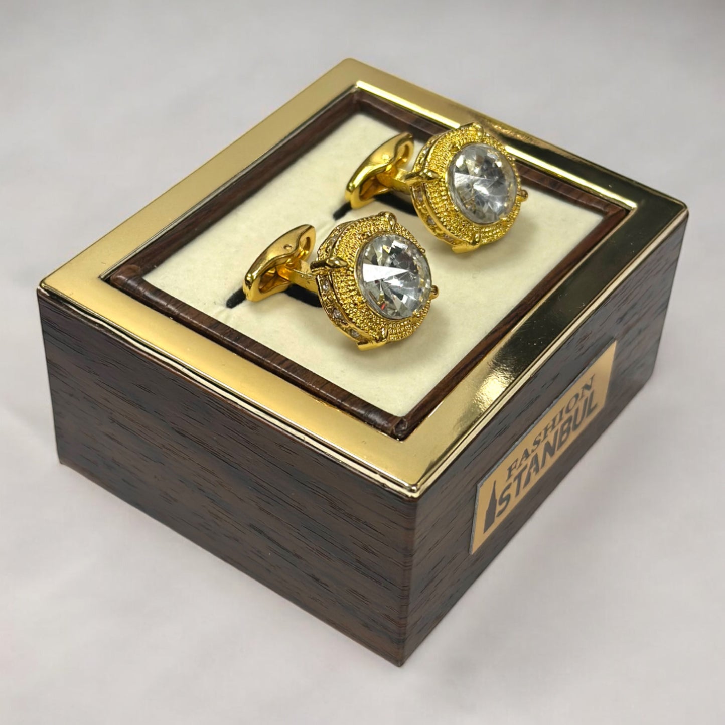 Luxurious Round Diamond Surrounded by Detailing Gold Finish - Istanbul Fashion Cufflinks - 69