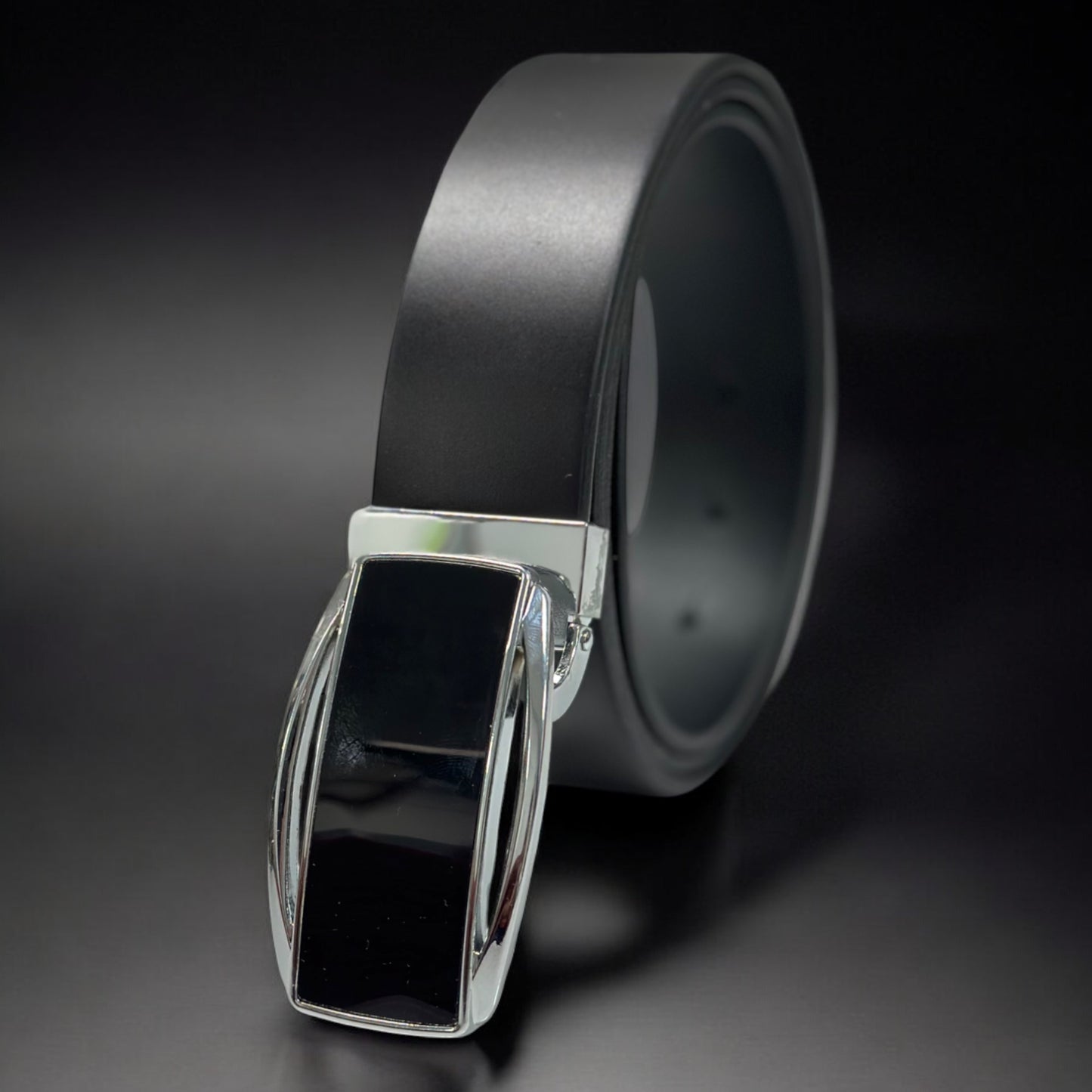 Black Solid Leather with Shiny Black and Silver Buckle - 1