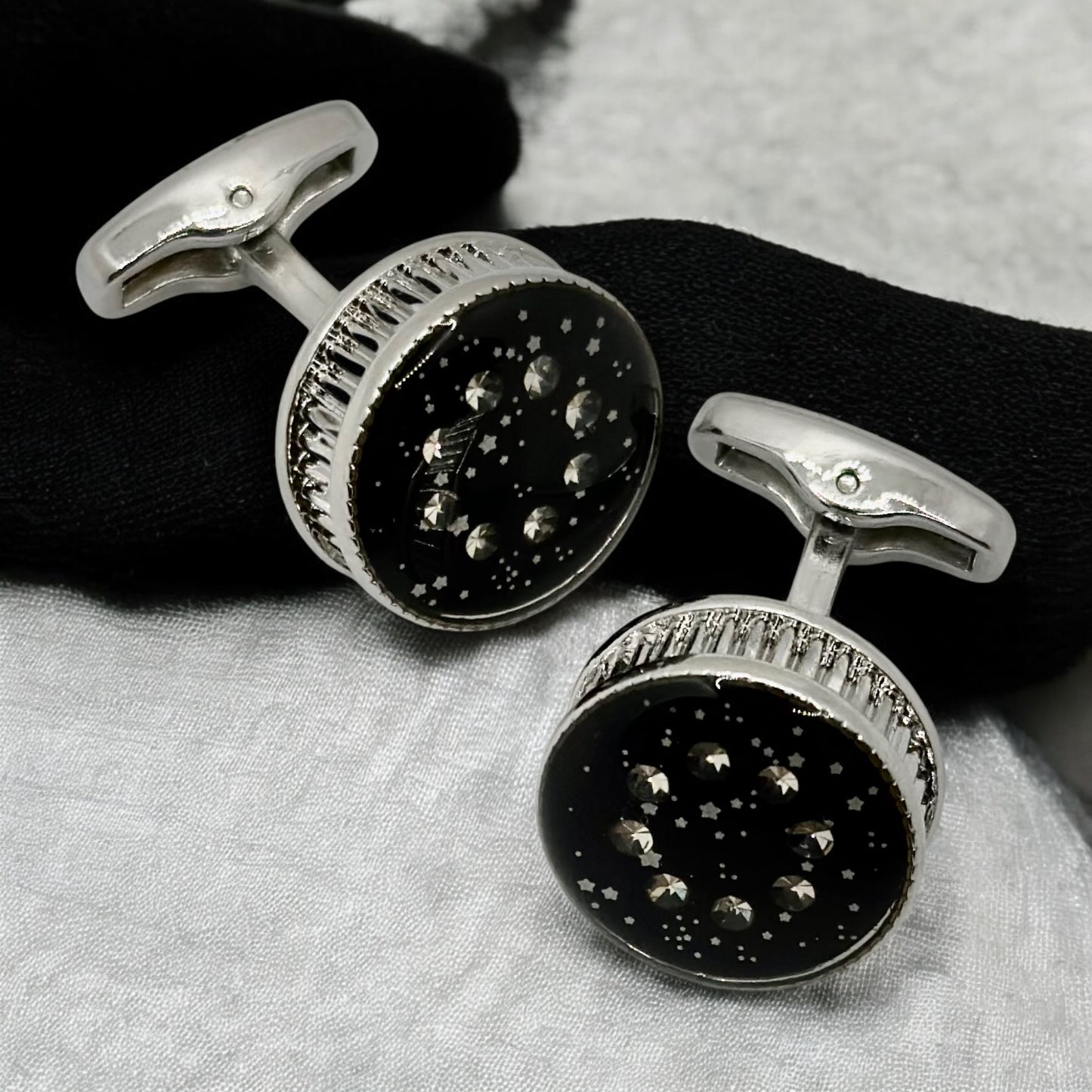 Bold Round  Round Istanbul Fashion Cufflinks  Detailed with  Silver, Diamonds and Black Interior- 25