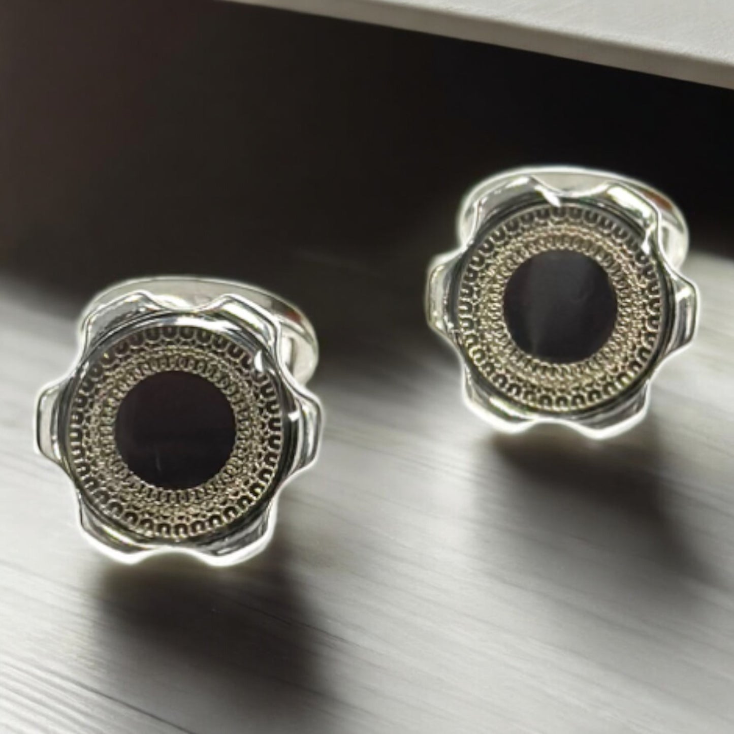 Silver with Black Detailing  Shaped Edges - Istanbul Fashion Cufflinks - 46