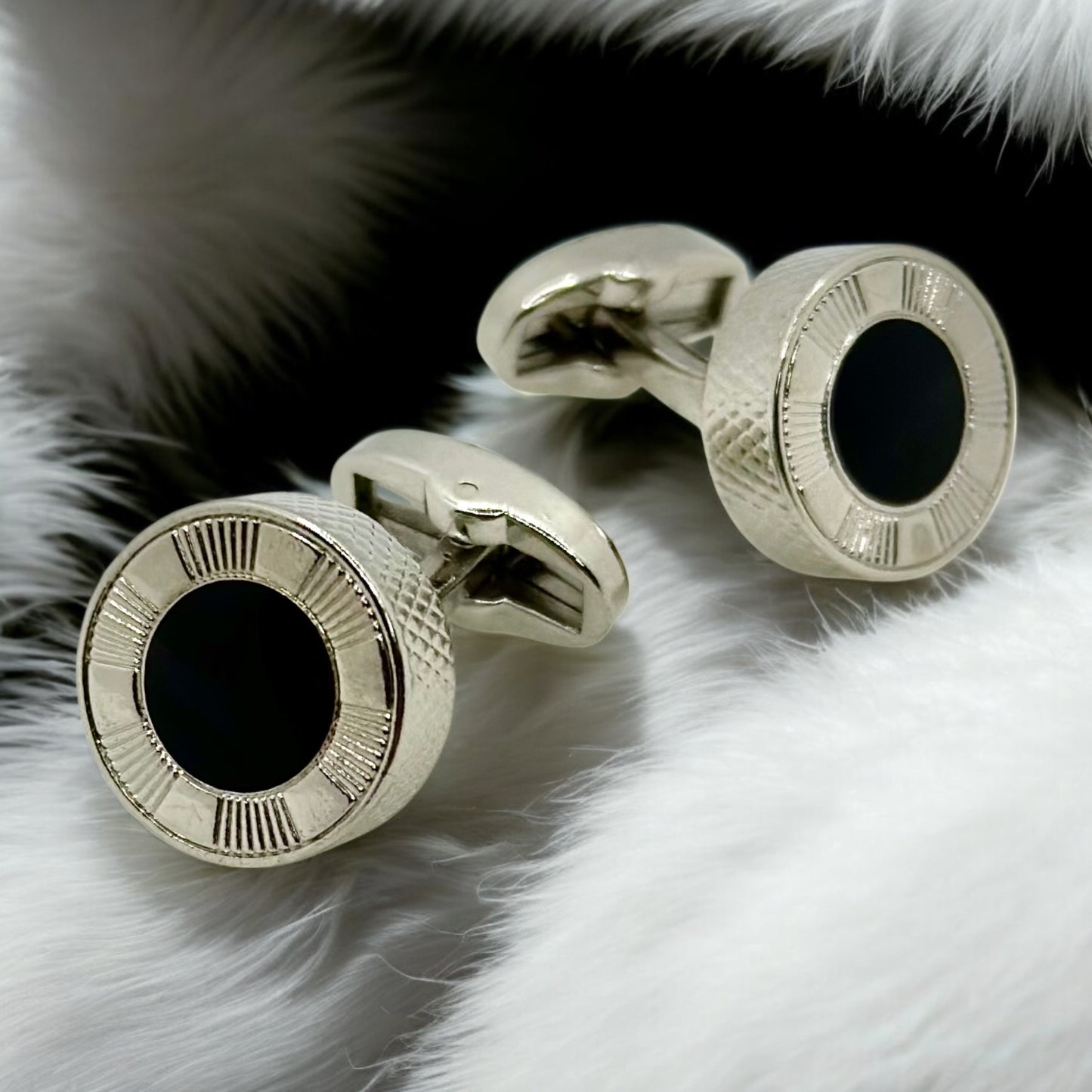 Round Istanbul Fashion Cufflinks - Stainless Steel Exterior with Black interior- 7