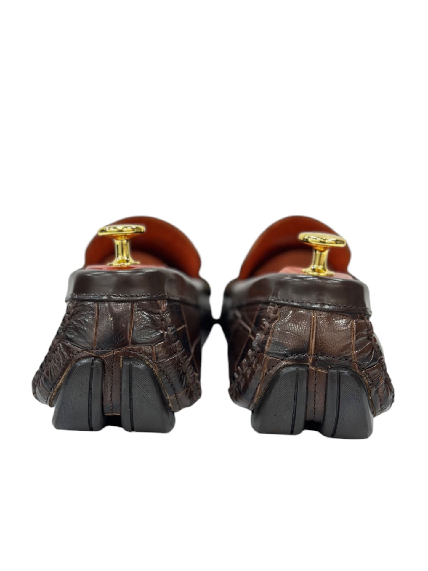 Brown Textured Leather-Shiny Finish Dress Shoes-Metal Details-Orange Interior-134-5577