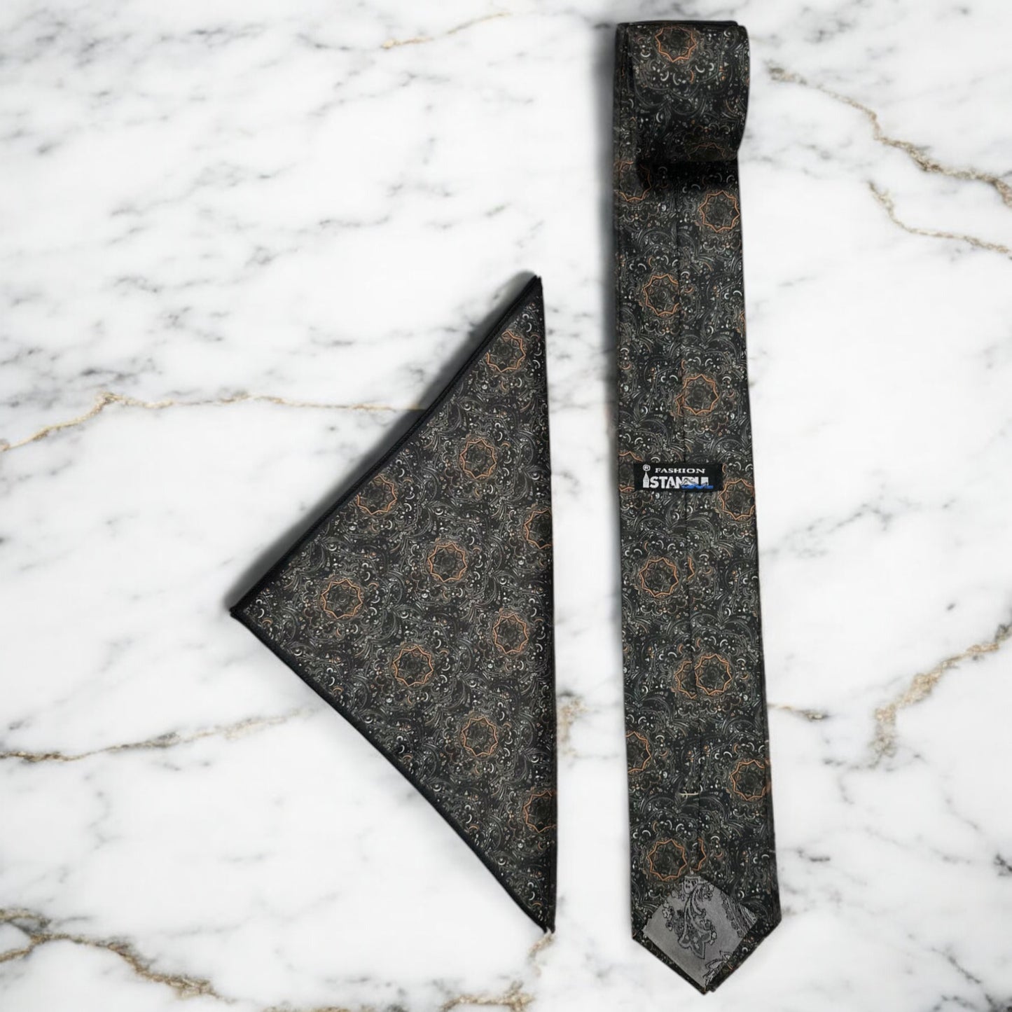 Classic Vintage Pattern with Gray and Orange  - Istanbul Fashion Tie - Classic Wide