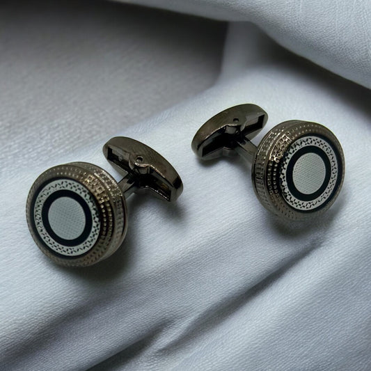 Glossy  Black Round  Round Istanbul Fashion Cufflinks  Detailed with Black and Shiny Silver - 31