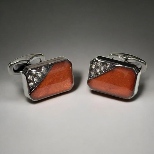 Rectangular Chrome with Rustic Orange Jewell  - Istanbul Fashion Cufflinks - 77