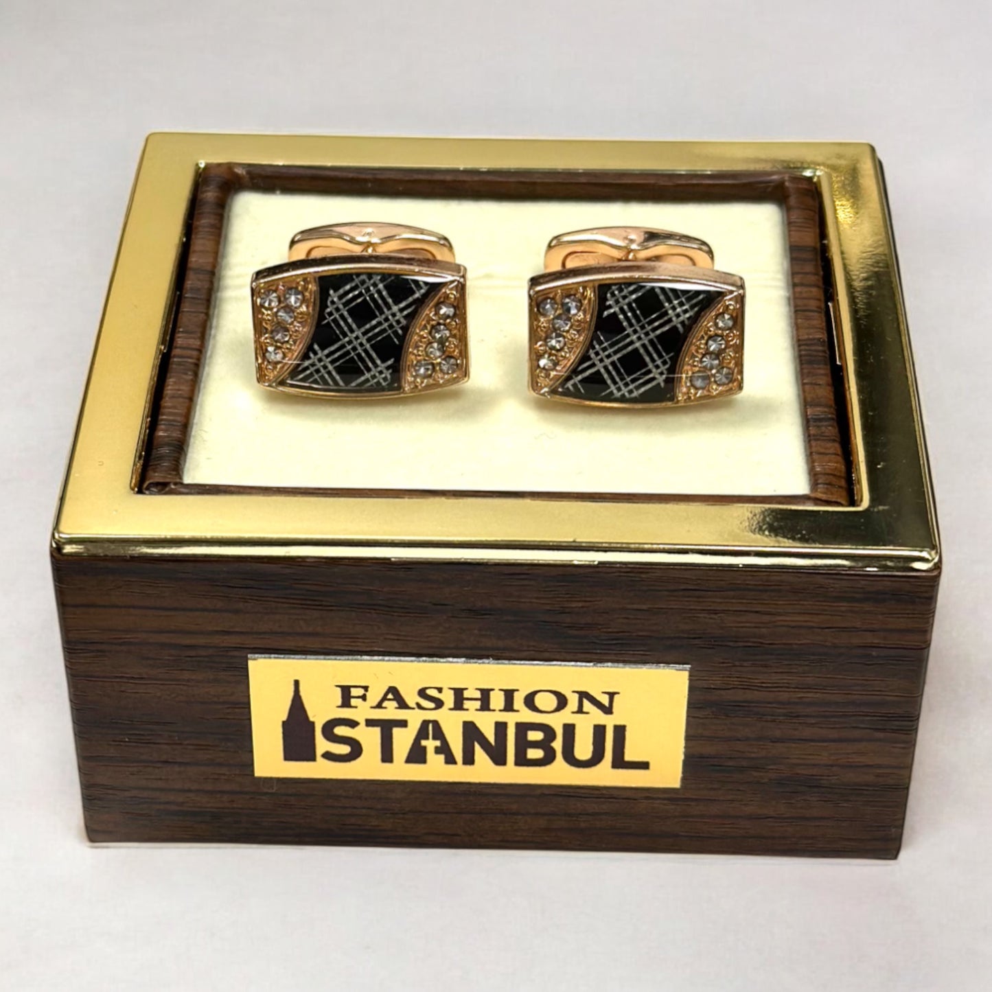Stylish Rectangular Rose Gold  Detailed with Black and Diamonds  - Istanbul Fashion Cufflinks - 73