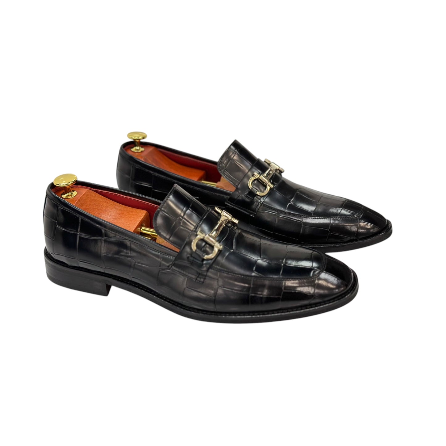 Black Istanbul Fashion by Raad Red Bottom Shoes With Unique Textured Leather with Gold Finish Buckle-1700