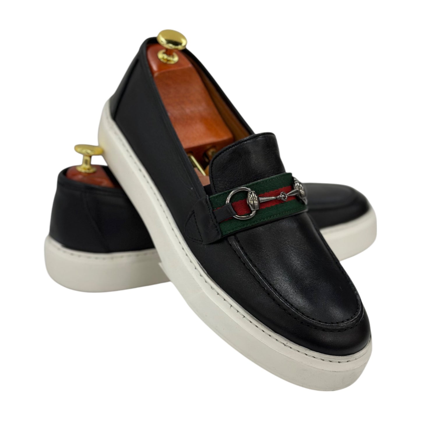 Black Sneakers-Rubber White Bottom-Detailed Chrome Metal Finish Front-134-6354