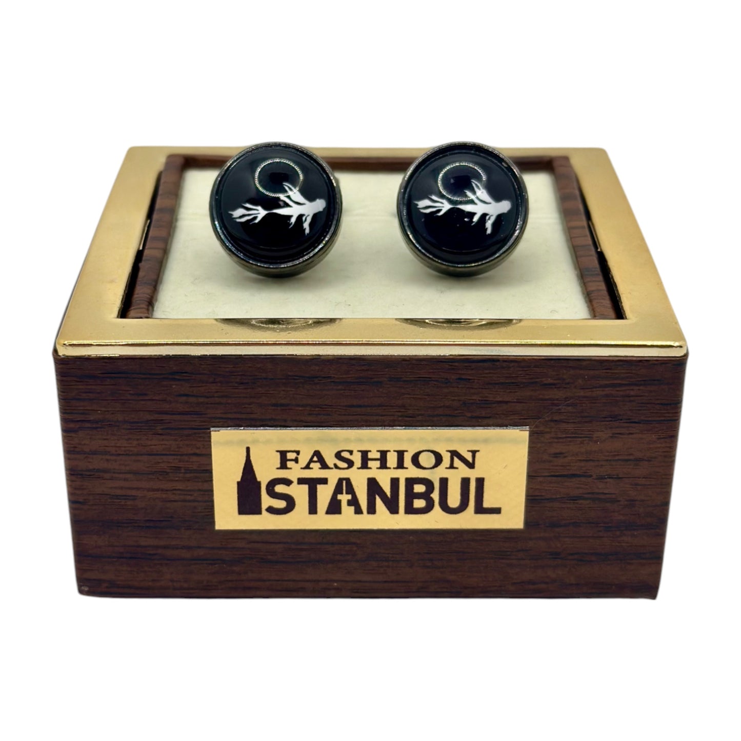 Round Istanbul Fashion Cufflinks -Black on Black with White Feather Detail - 15