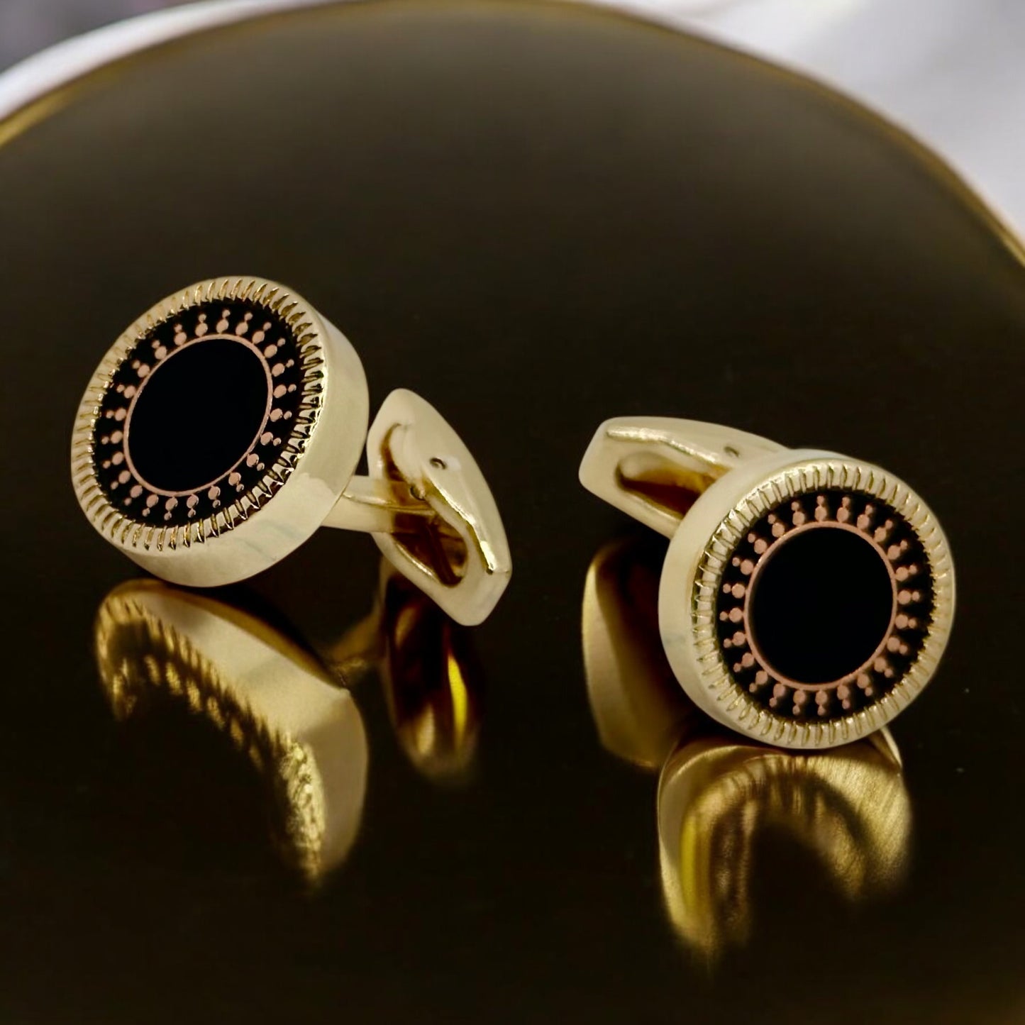 Round Istanbul Fashion Cufflinks -Black with Gold and Rose Gold Mixed in Luxury Details - 16